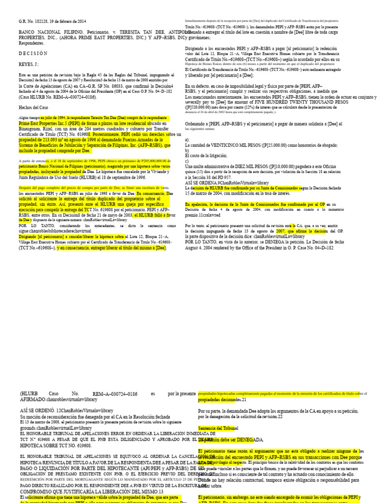 Decisión sobre TCT No. 619608 en Filipinas | PDF | Hipotecas | Pagos