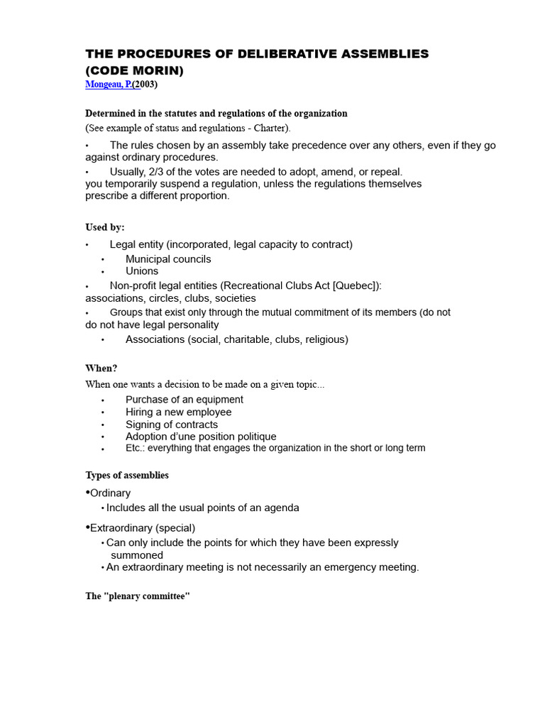 The Procedures for Deliberative Assembly Morin Code | PDF | Political ...
