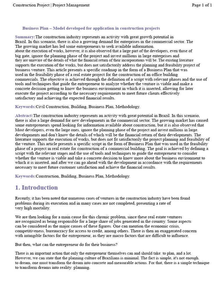 Construction Business Plan Guide | PDF | Entrepreneurship | Project ...