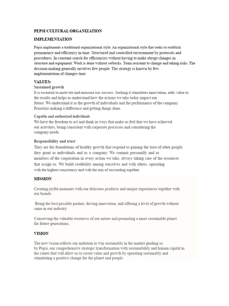 Pepsi's Organizational Structure and Values | PDF