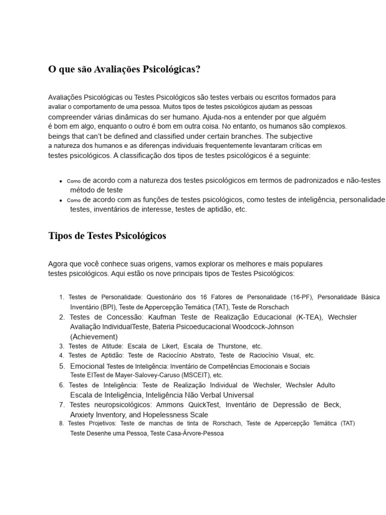 Tipos de Testes Psicológicos | PDF | Testes psicológicos | Quociente de ...