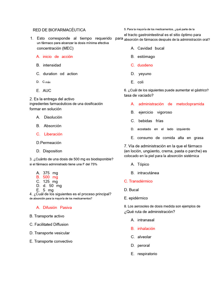 Clave de Respuestas de Biofarmacéutica - PACOP ROJO | PDF ...