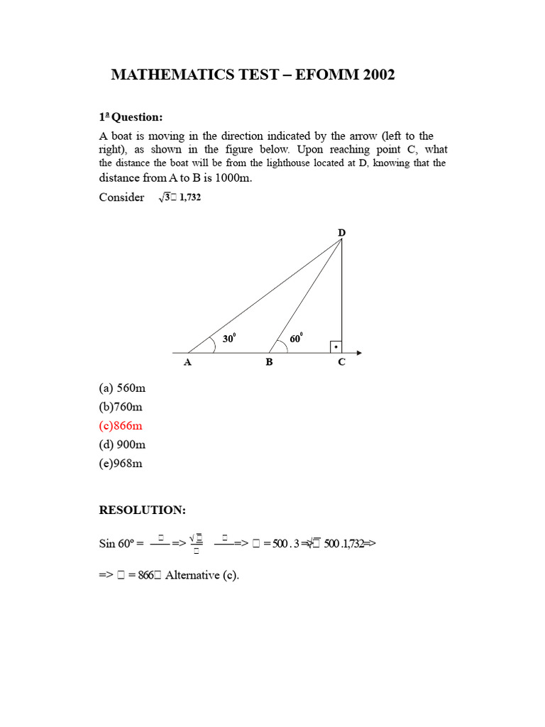 Mathematics Test EFOMM 2002 Solutions | PDF | Trigonometric Functions ...