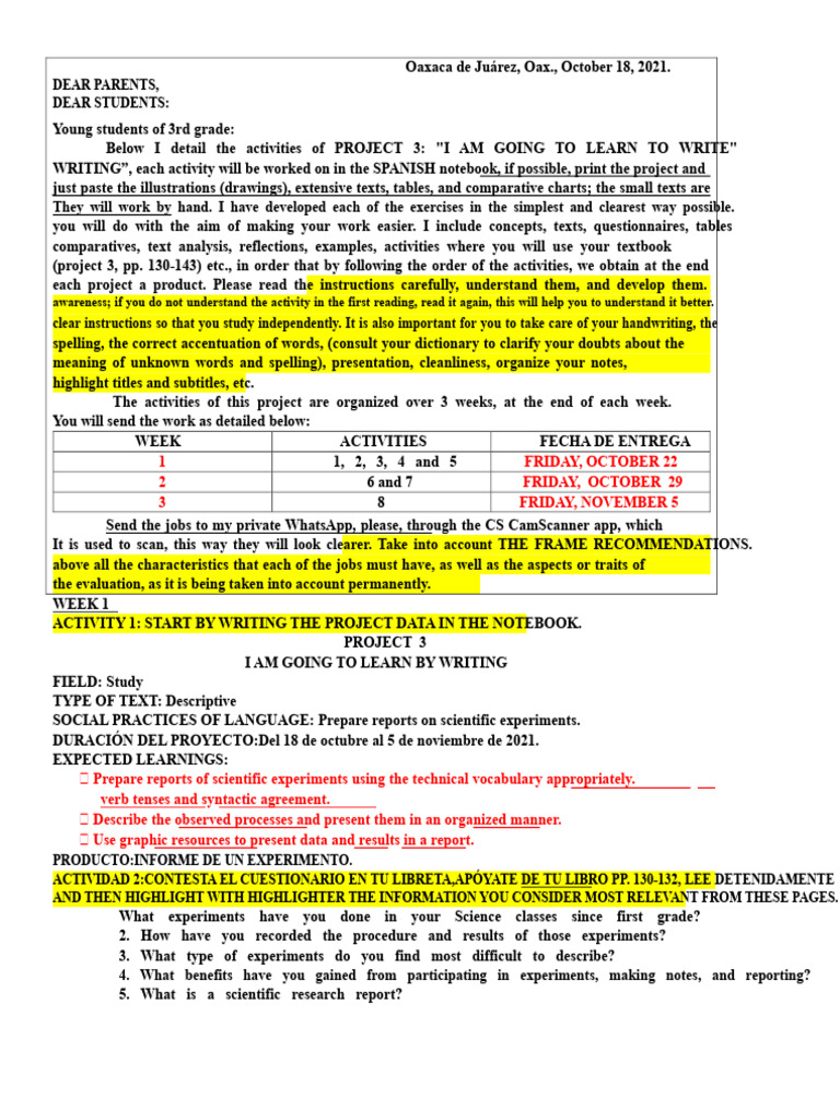 3rd Grade Writing Project Activities | PDF | Experiment | Grammar