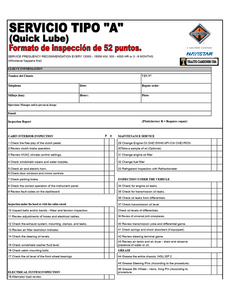 Vehicle Maintenance Service Checklist | PDF | Truck | Motor Oil