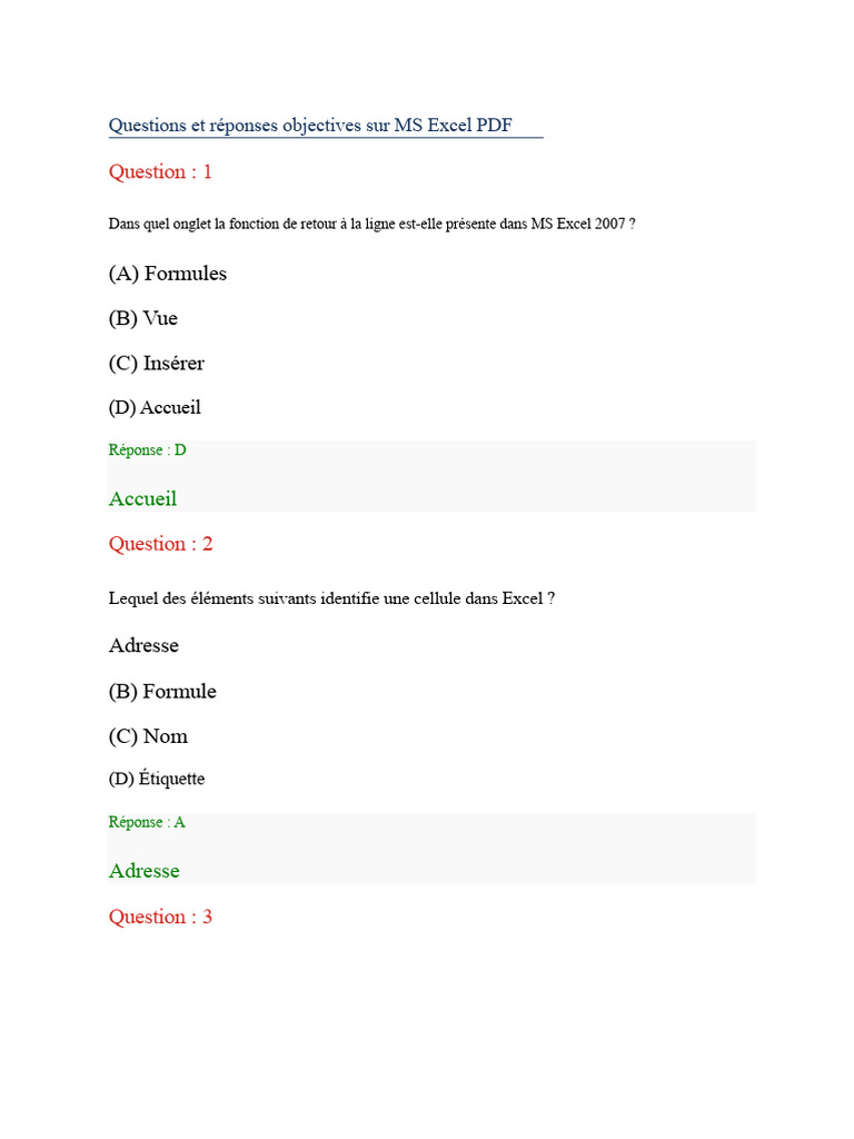 Questions et réponses sur MS Excel PDF | PDF