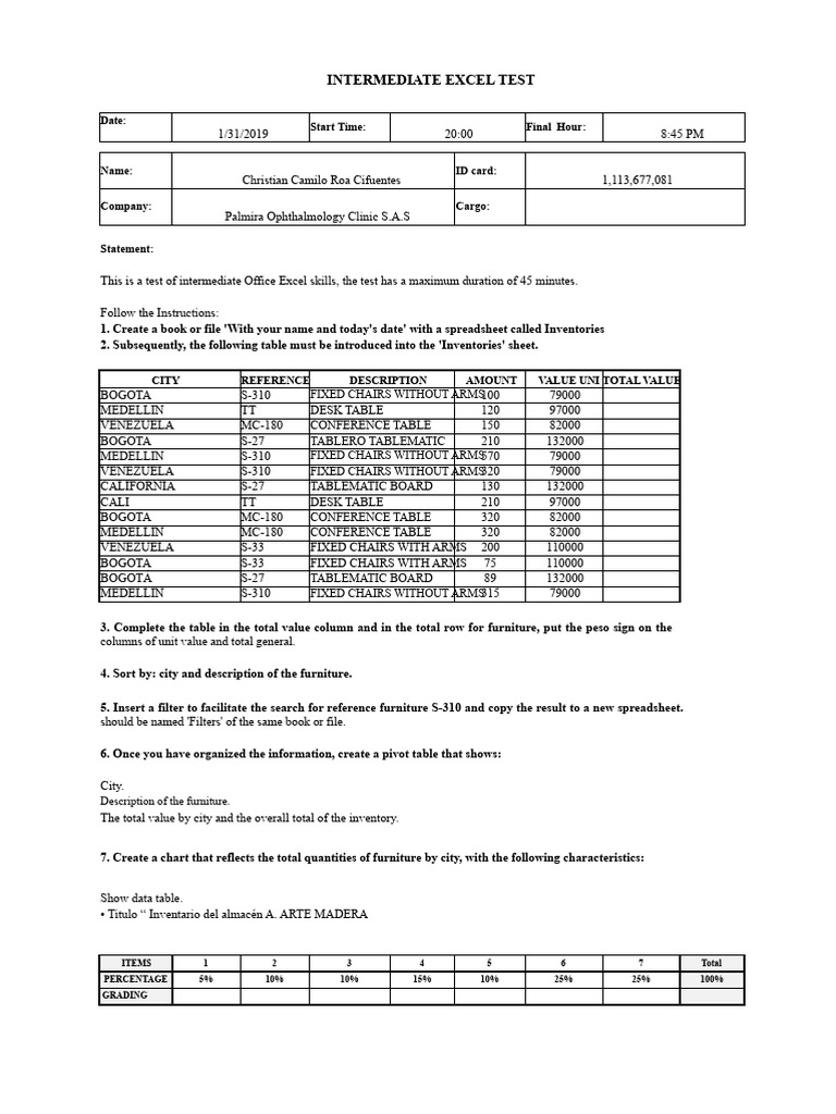 Intermediate Excel Test | PDF | Microsoft Excel | Incremental Computing