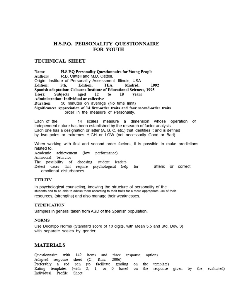 HSPQ Personality Questionnaire Overview | PDF | Behavioural Sciences ...