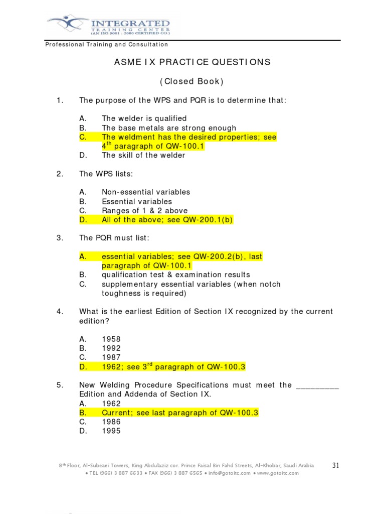 ASME Section IX Practice Questions | PDF | Welding | Construction