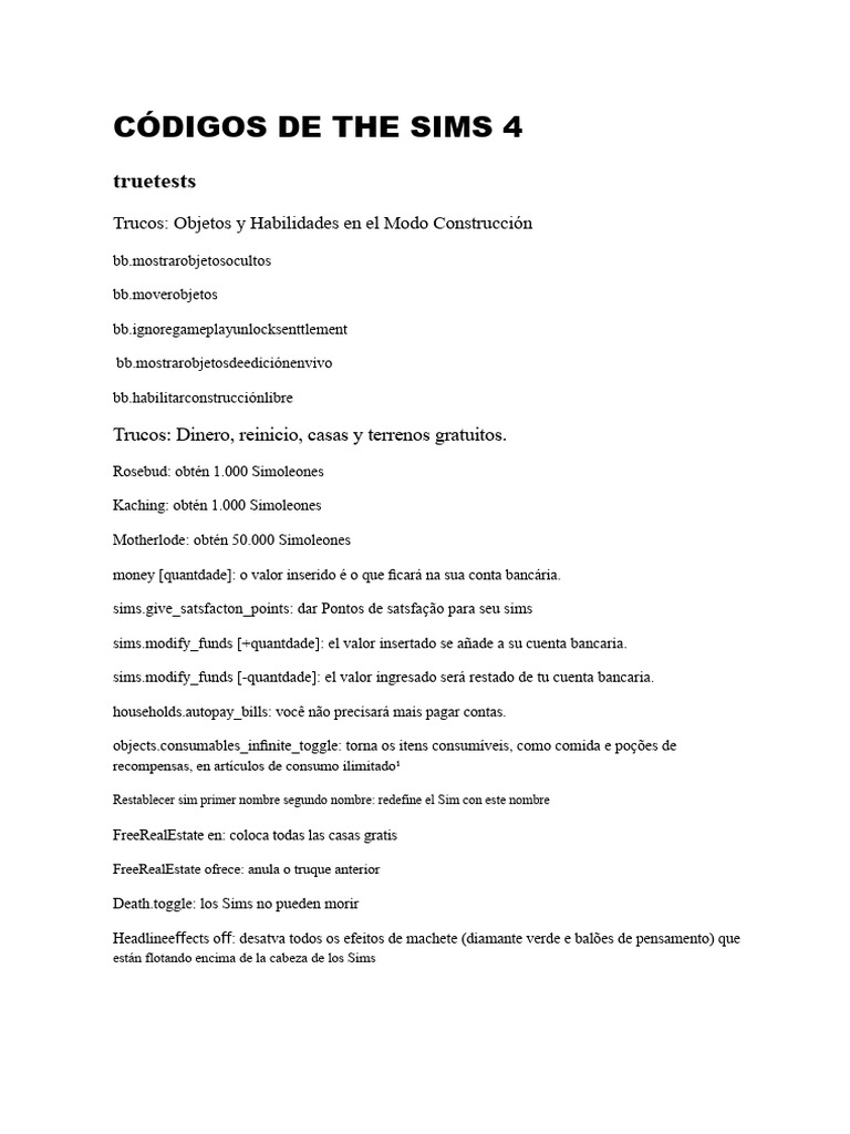 Trucos y Códigos para The Sims 4 | PDF | Videojuegos | Franquicias de ...