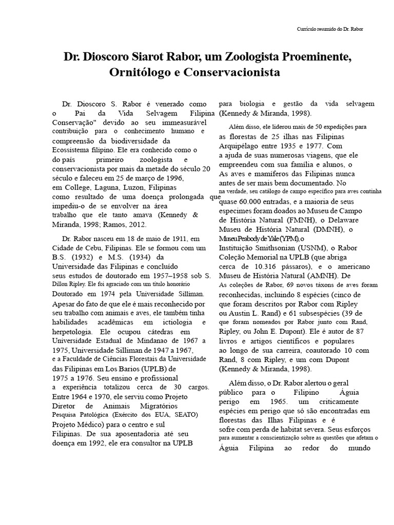 Dr. Dioscoro Rabor: Pai da Conservação | PDF | Filipinas | Ornitologia