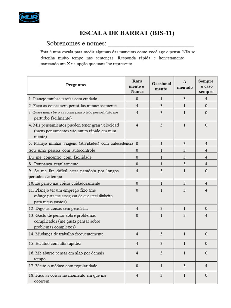 Escala de Barrat (BIS-11) para Autocontrole | PDF | Pensamento ...