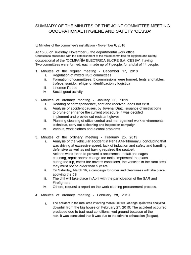 Summary of Minutes of The Joint Committee On Occupational Health and ...