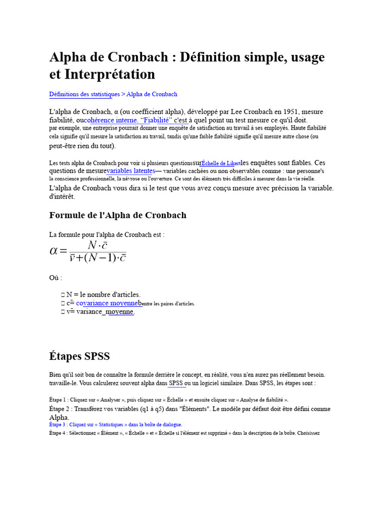 Alpha de Cronbach : Définition et Utilisation | PDF | Coefficient alpha ...