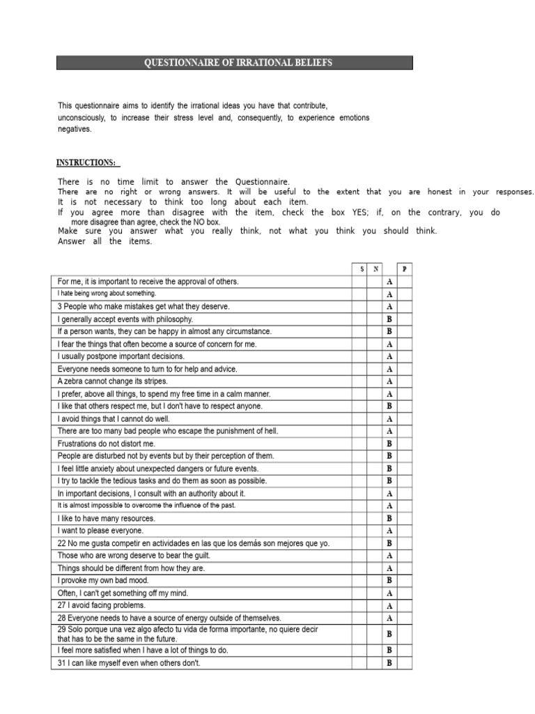 Irrational Beliefs Stress Questionnaire | PDF | Fear | Questionnaire