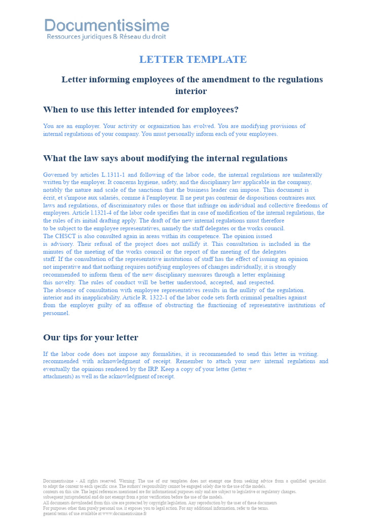 Letter Informing Employees of The Modification of The Internal ...