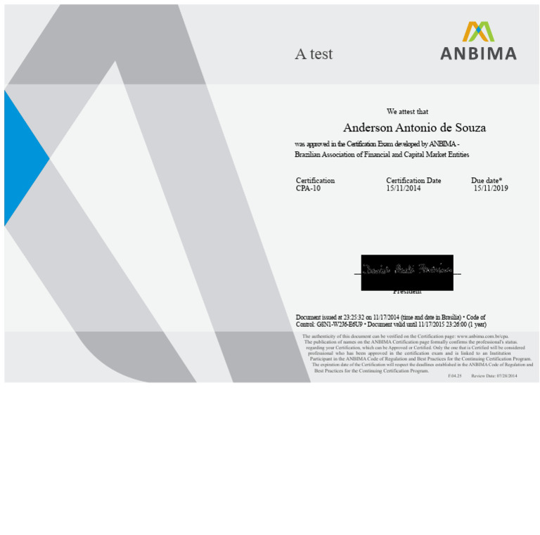 ANBIMA CPA-10 Certification Document | PDF