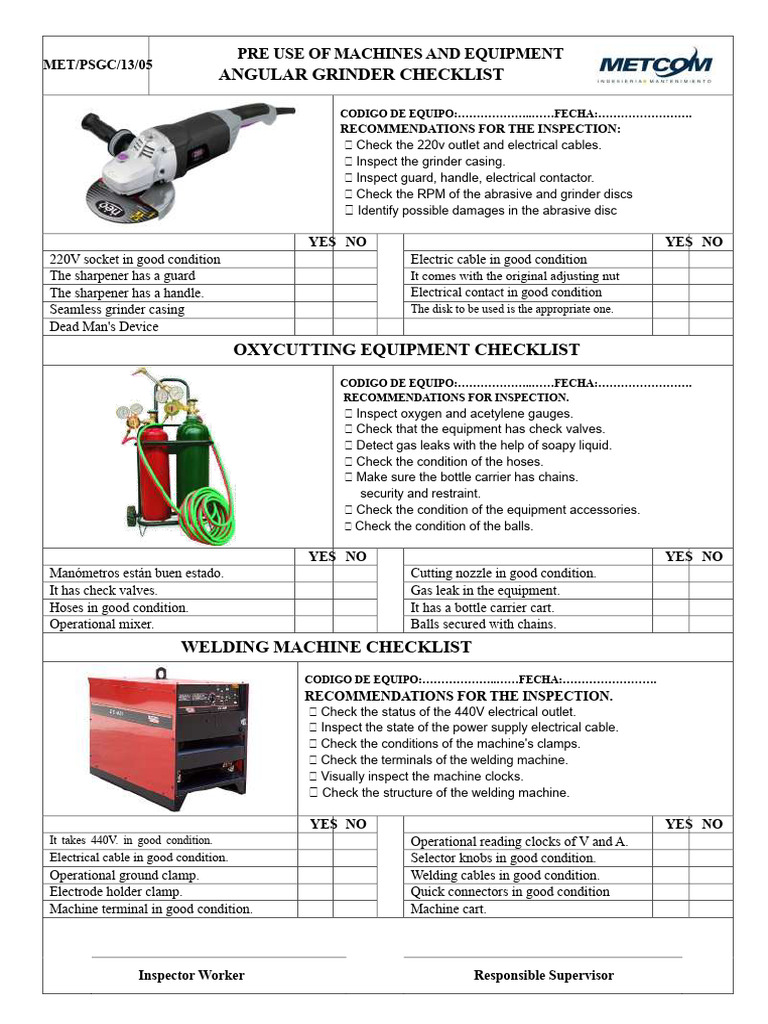 Equipment Pre-Use Inspection Checklist | PDF | Welding | Construction