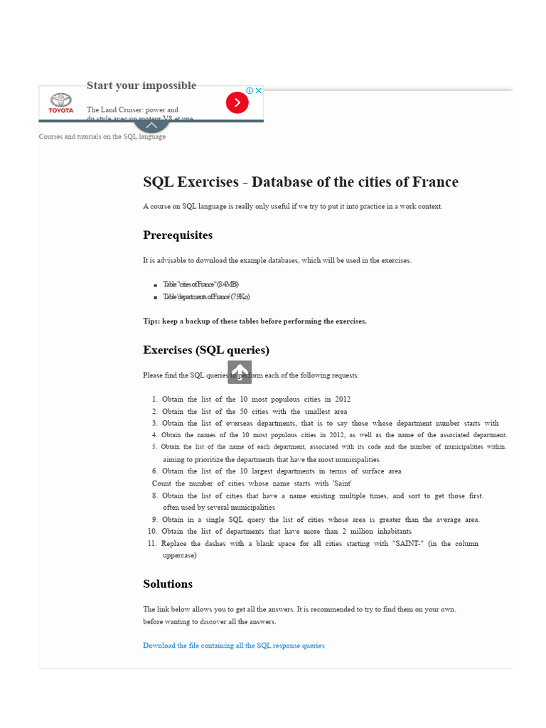 SQL Exercises for French Cities Database | PDF | Sql | Databases