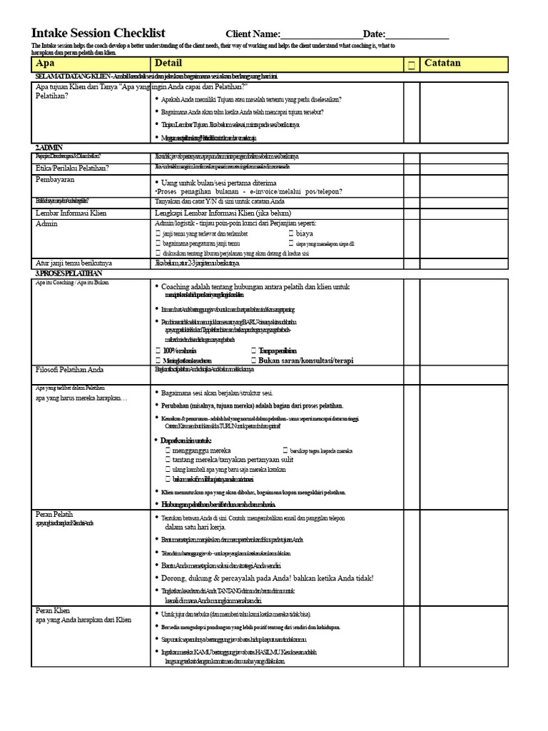 Checklist Sesi Intake Coaching Klien | PDF