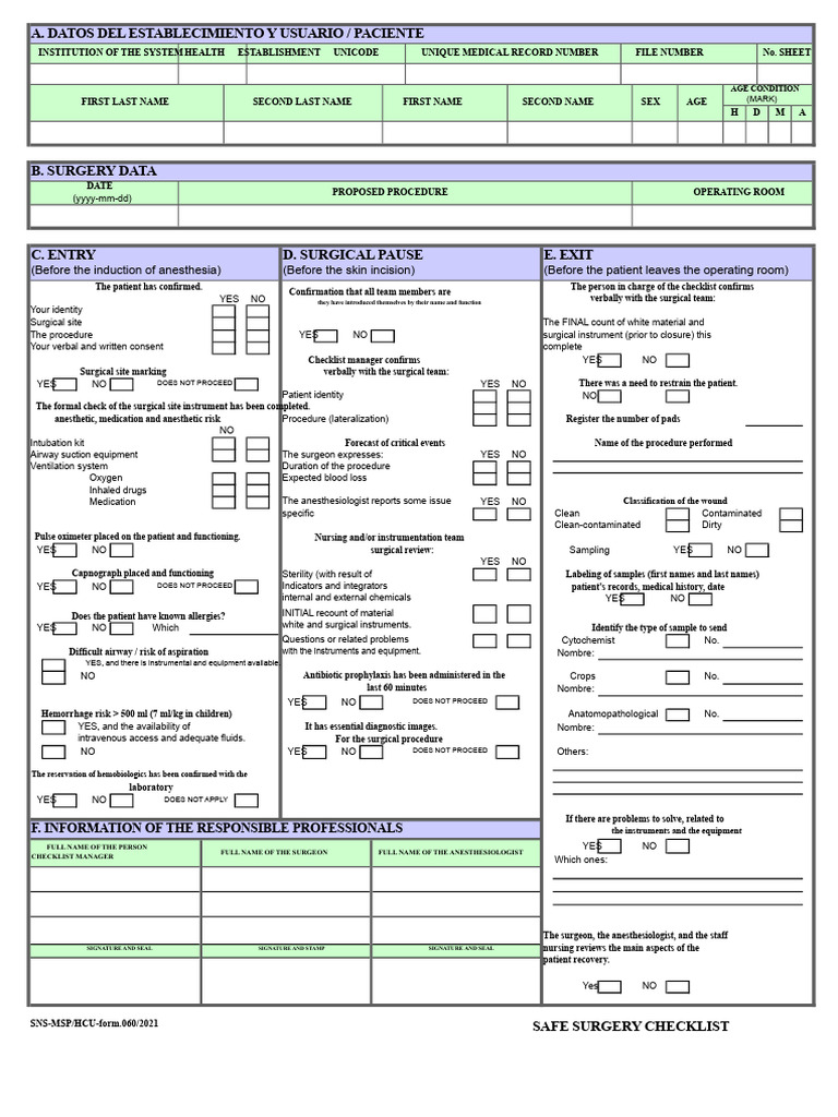 Safe Surgery Checklist Template | PDF | Surgery | Anesthesia