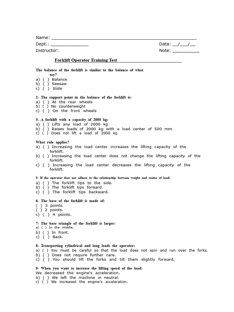 Forklift Operator Training Test Guide | PDF | Forklift