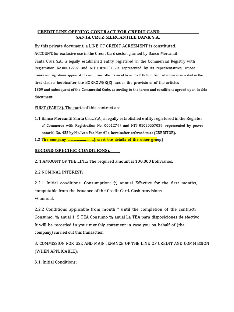 Credit Line Opening Contract For The Mercantil Santa Cruz Bank Credit ...
