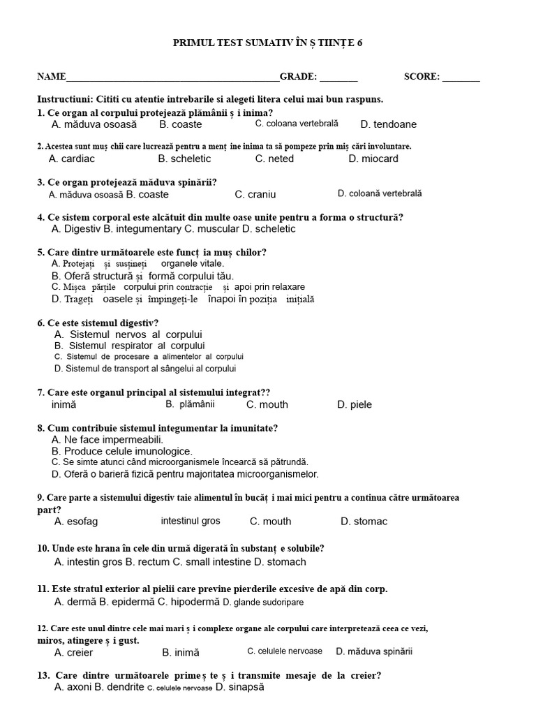 Primul Test de Evaluare La Științe Clasa 6 | PDF