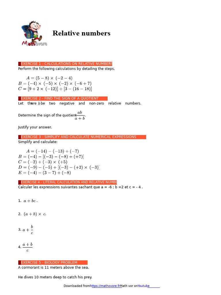 Relative Numbers Math Exercises For 4th Grade Corrected in PDF | PDF ...