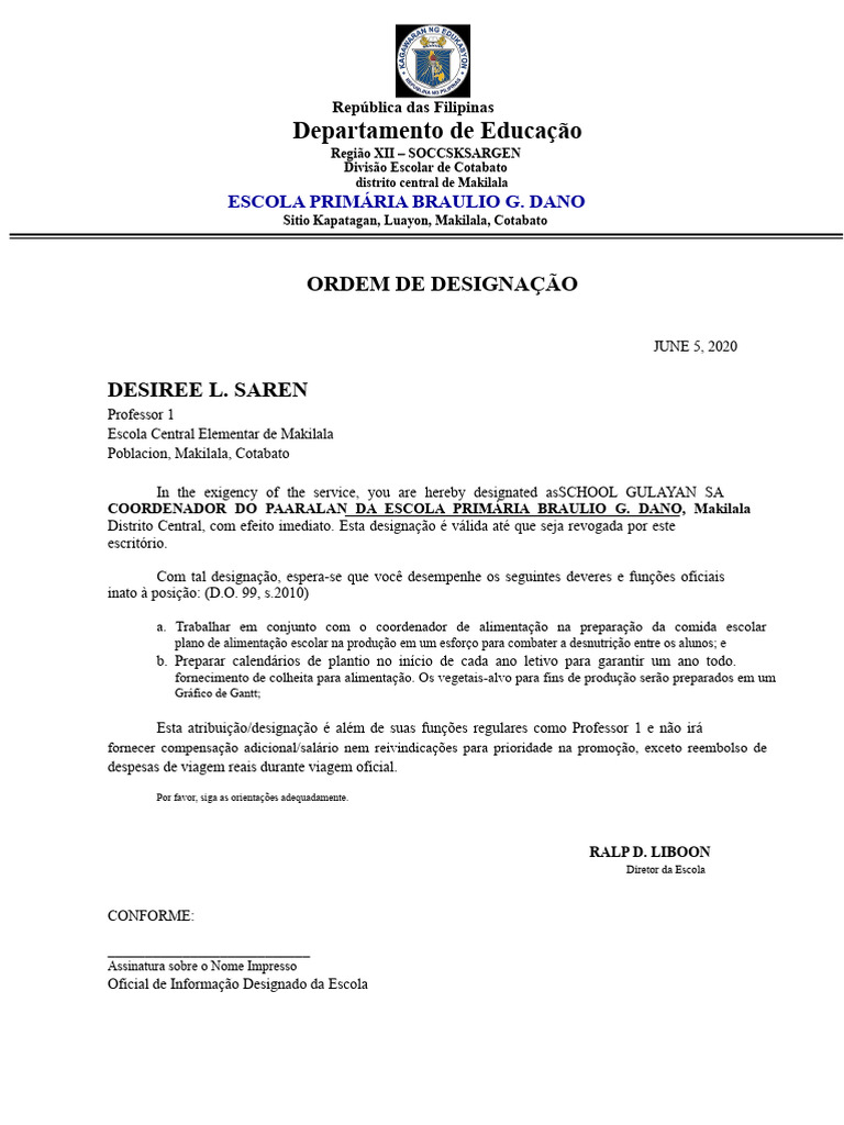 Designação de Coordenador Escolar em Makilala | PDF