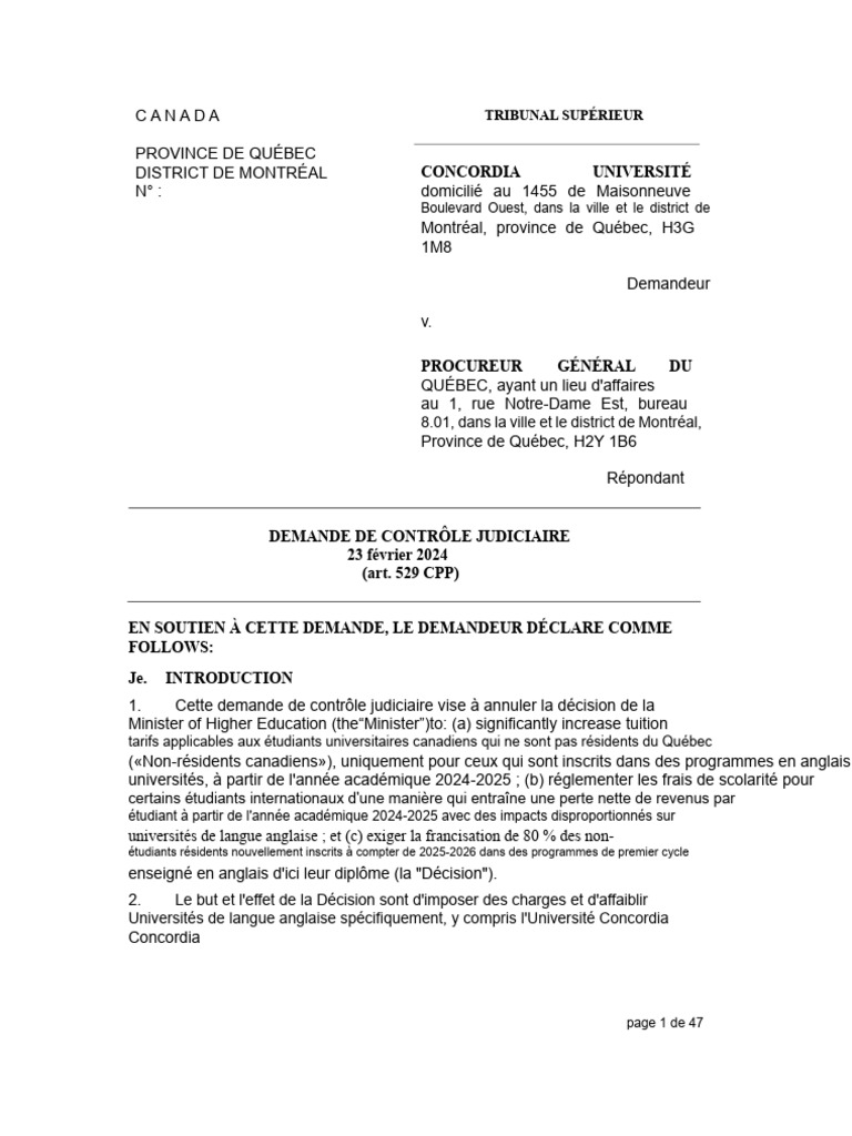Demande de contrôle judiciaire contre la hausse des frais de scolarité ...
