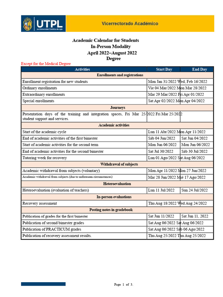 Academic Calendar - Face-to-Face Modality - April 2022 - August 2022 ...