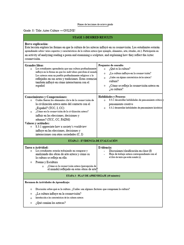 Plan de Lección Azteca | PDF | Sicología | Cognición