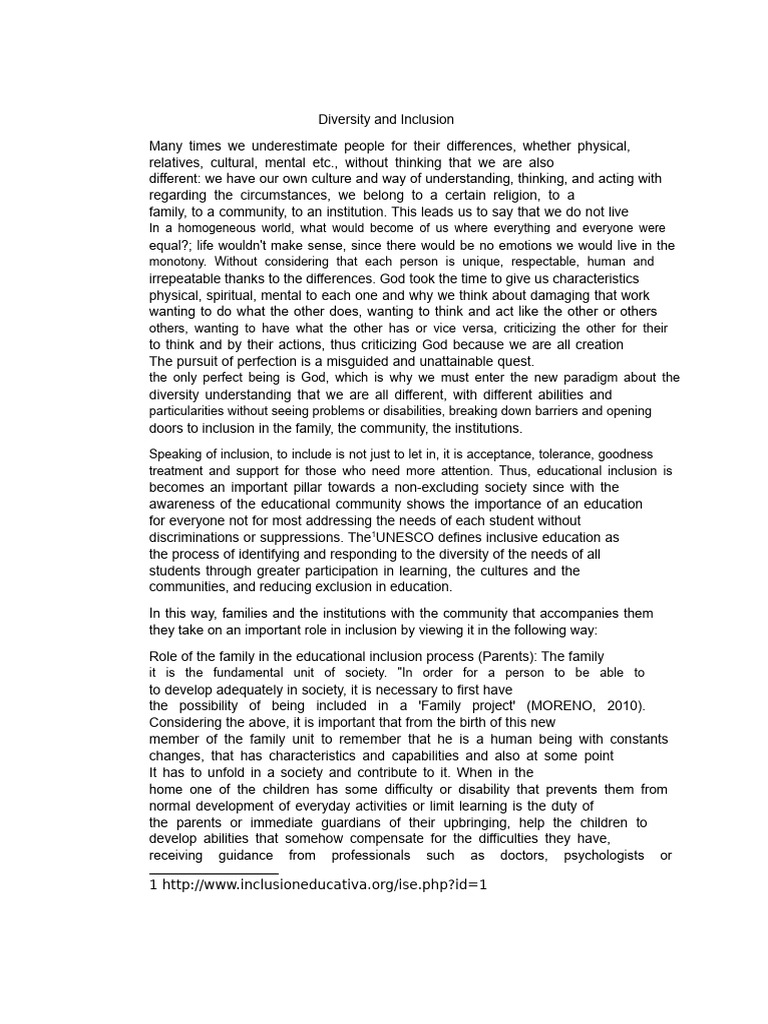Essay On Diversity and Inclusion | PDF | Teachers | Disability