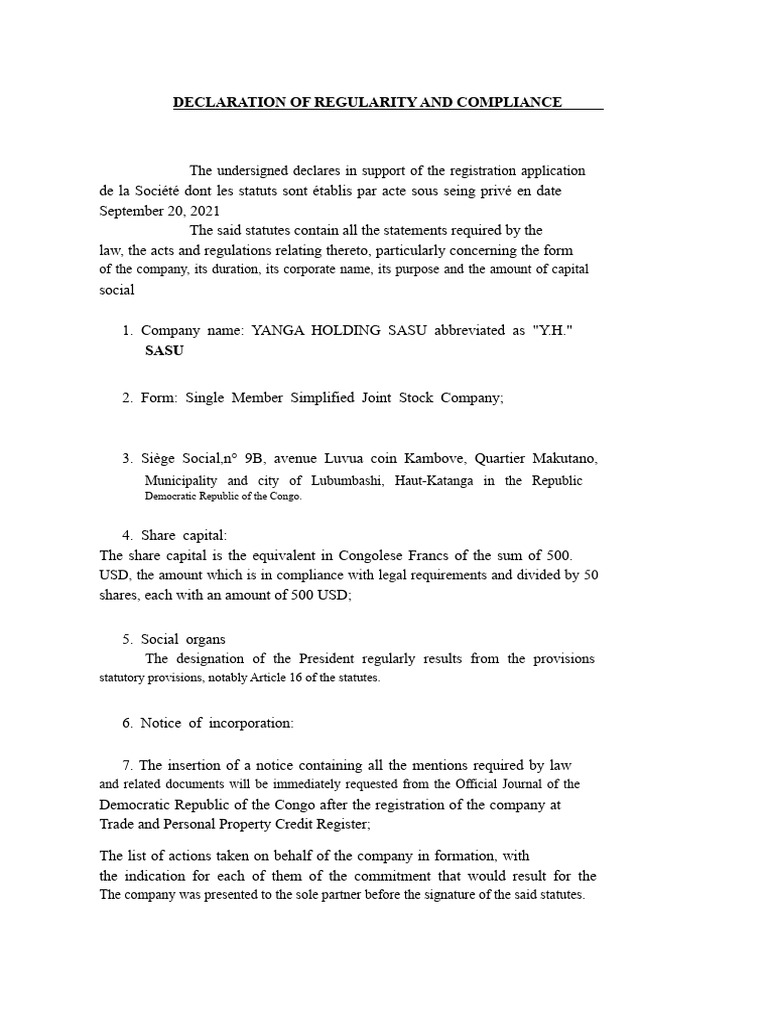 Declaration of Regularity and Compliance | PDF