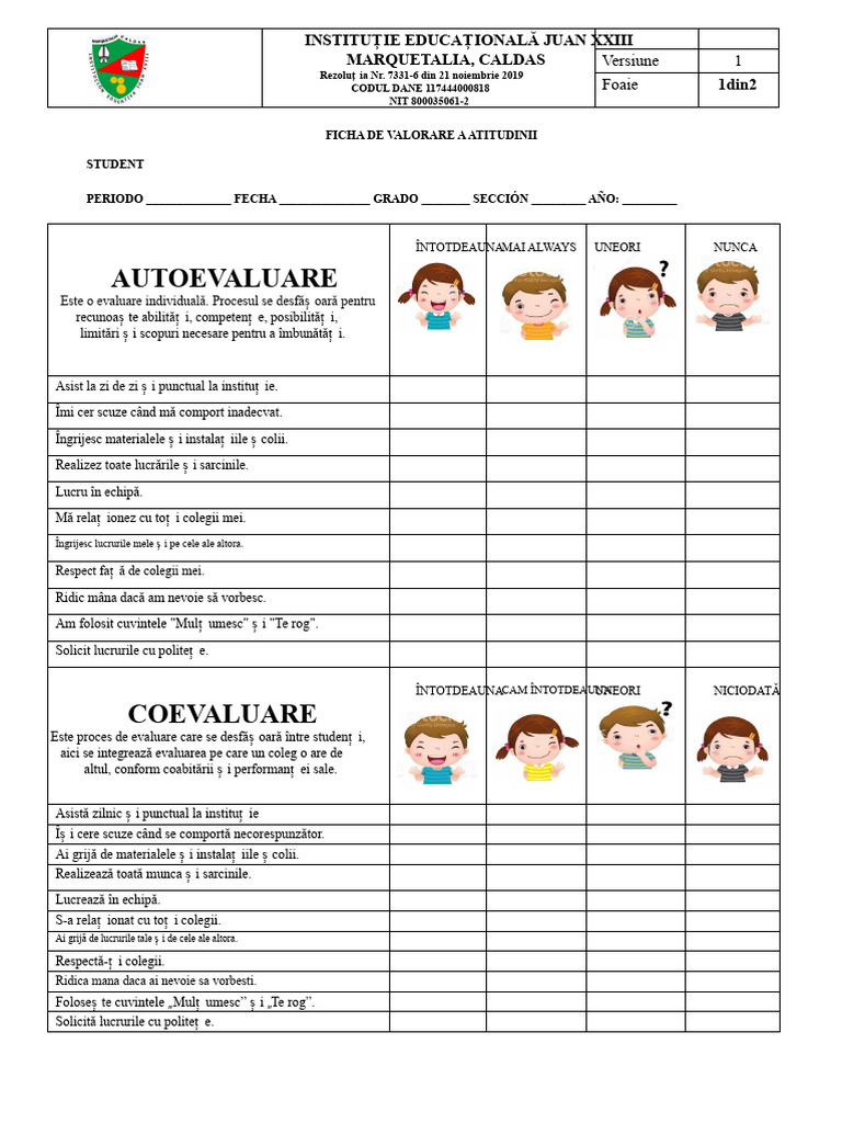 Formatul de Autoevaluare Și Coevaluare Primară | PDF