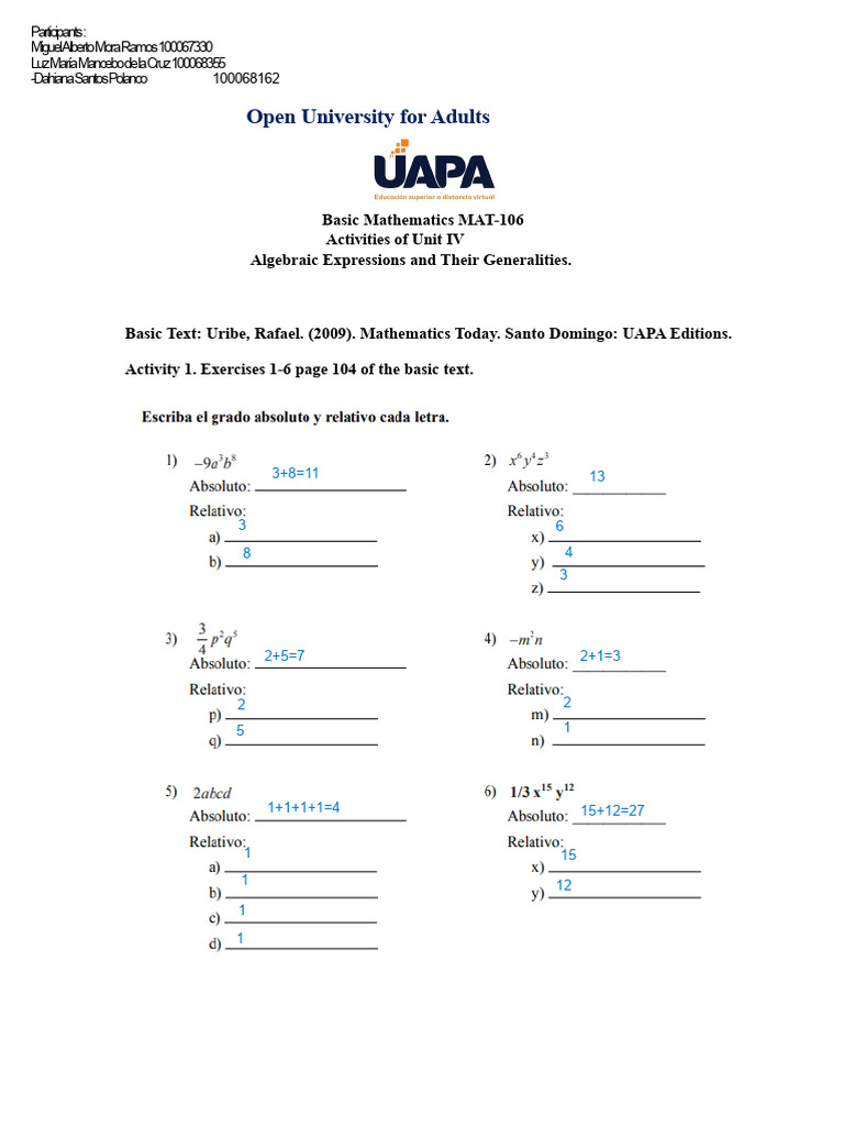 Activities of Unit IV Basic Mathematics (1) | PDF | Mathematics | Algebra