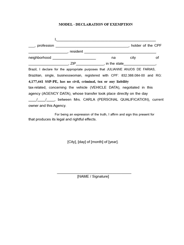 Vehicle Exemption Declaration Form | PDF