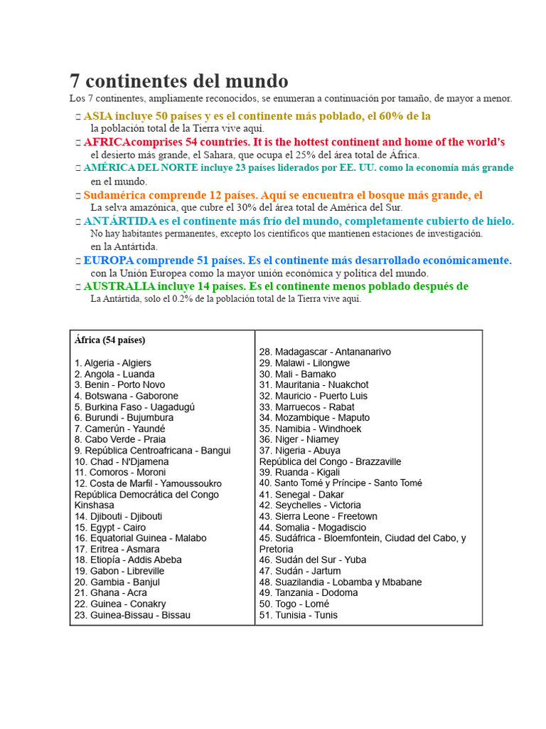 Los 7 continentes del mundo y sus países | PDF | Continente | Antártida