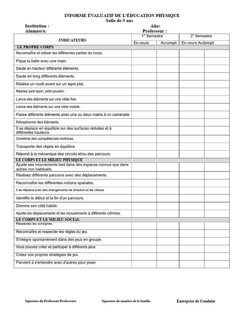 Évaluation d'Éducation Physique 5 ans | PDF