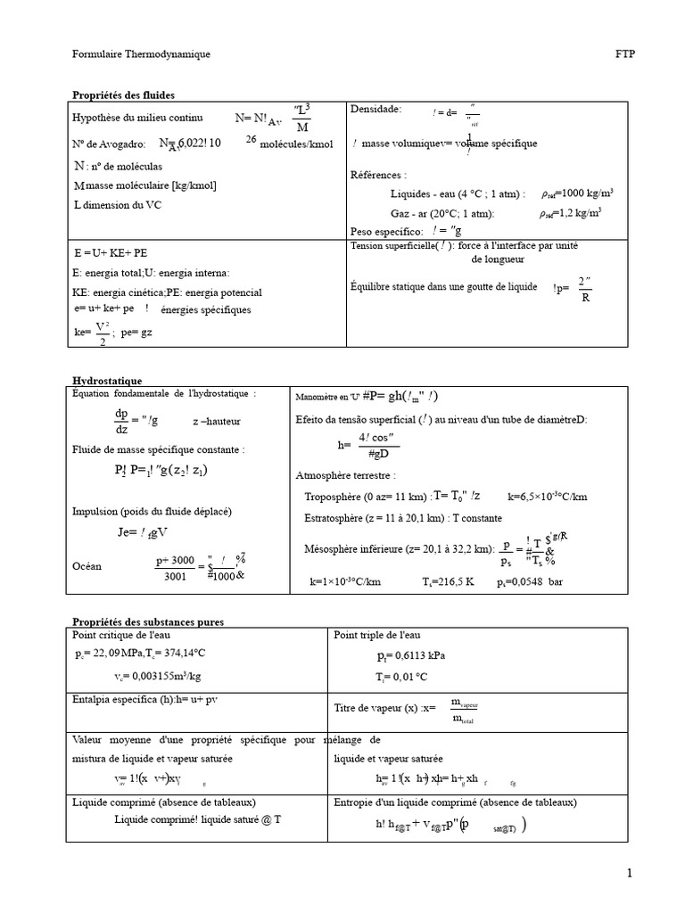 Formulaire de Thermodynamique et Propriétés des Fluides | PDF ...