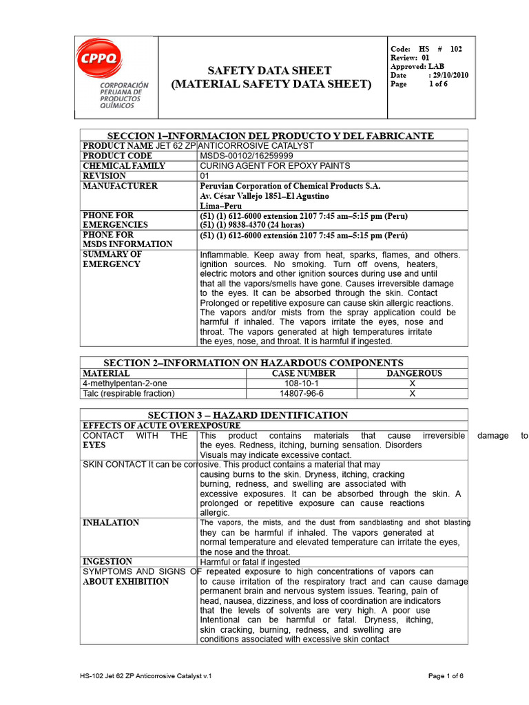 MSDS HS-102 Jet 62 ZP Anticorrosive Catalyst | PDF | Hypothermia ...