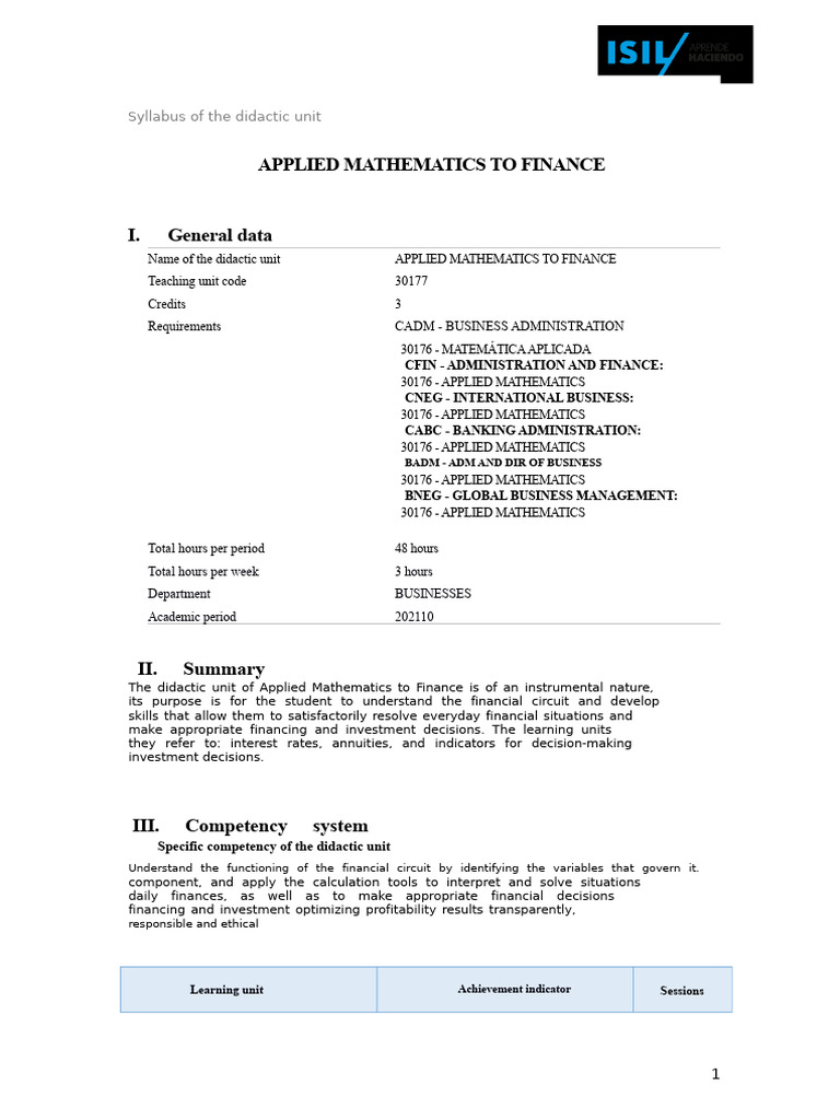 Applied Mathematics in Finance Syllabus | PDF | Interest | Learning