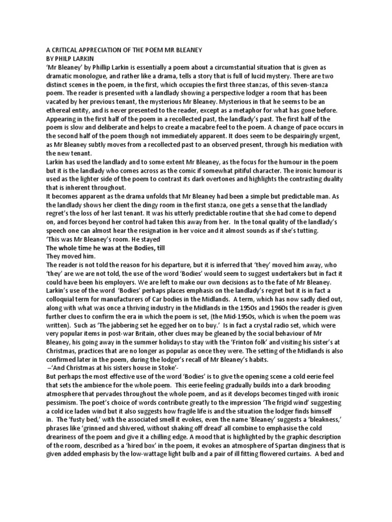 A Critical Appreciation of the Poem Mr Bleaney Irony Fiction