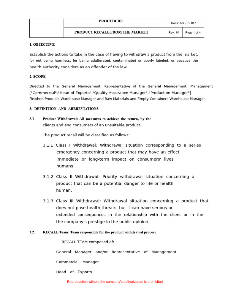 Product Recall Procedure Guidelines | PDF
