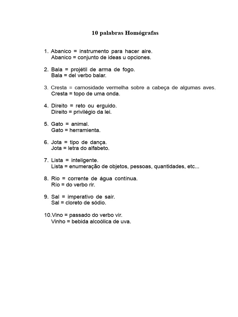 10 Exemplos de Palavras Homógrafas | PDF