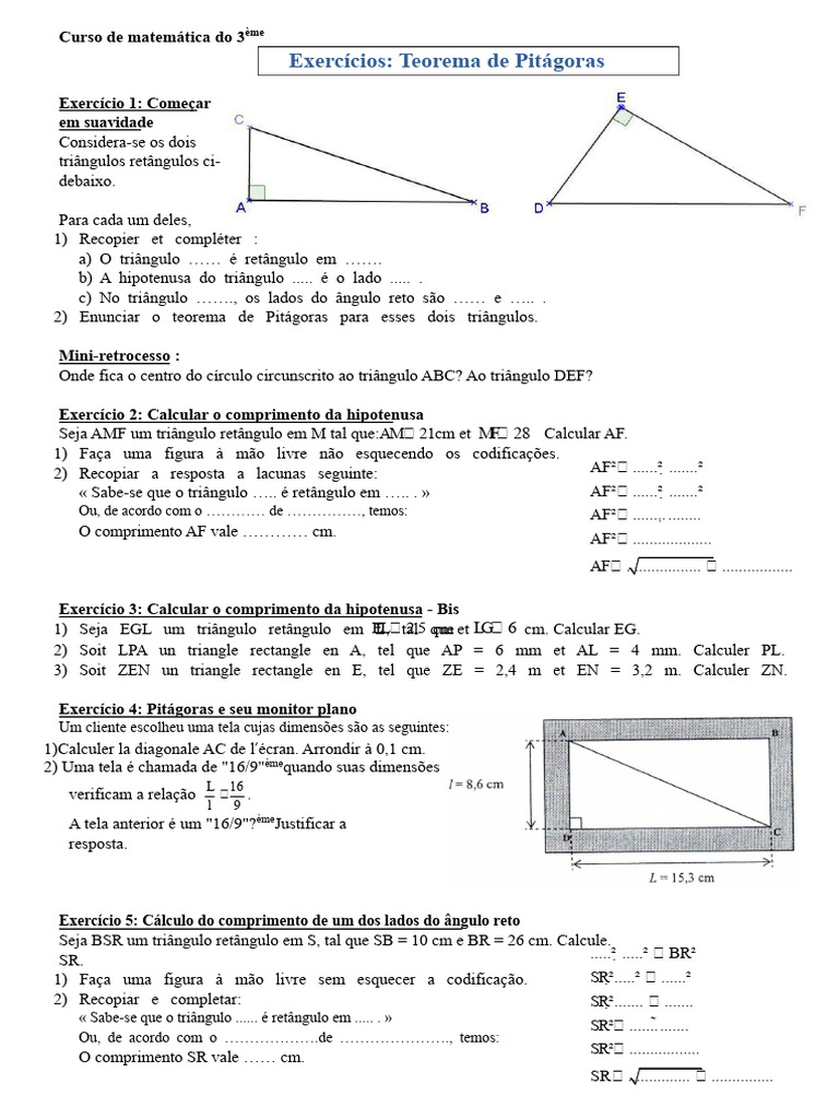 3º Exercícios Teorema de Pitagoras | PDF | Triângulo | Geometria Clássica