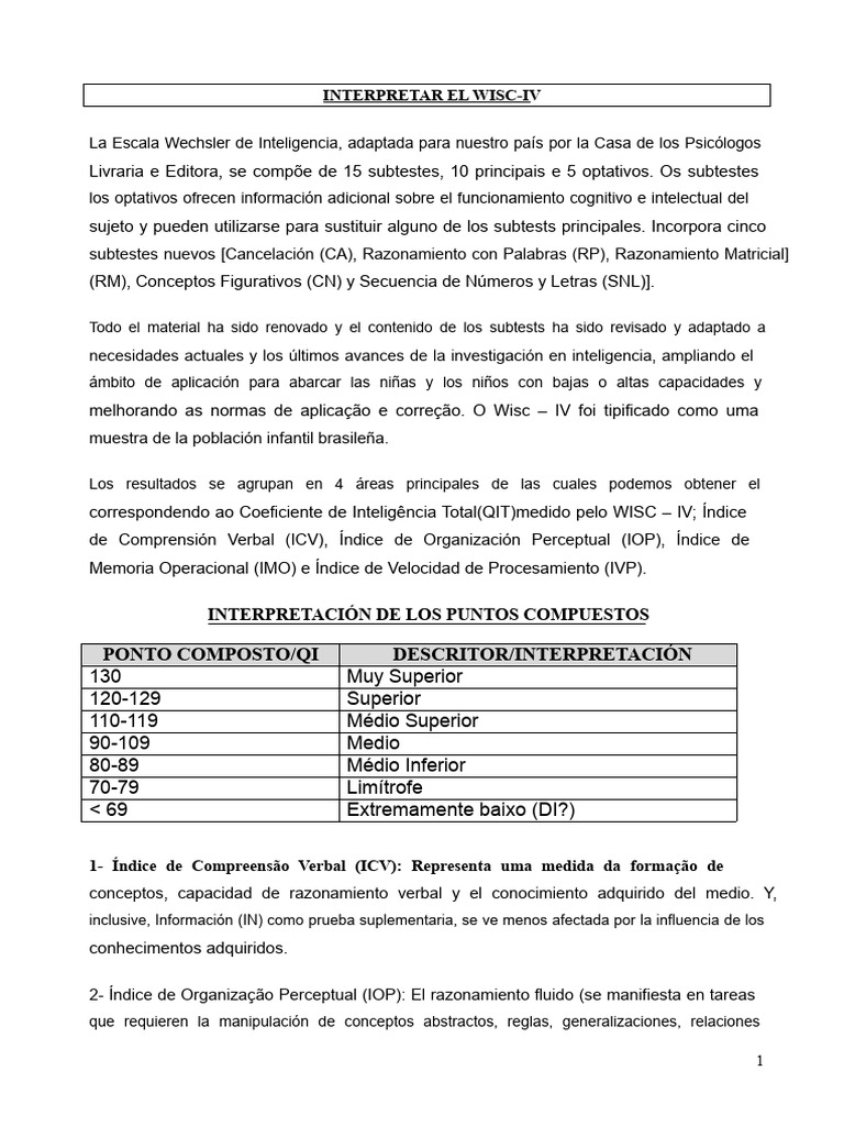 Guía para Interpretar el WISC-IV | PDF | Psicología cognitiva | Ciencia ...