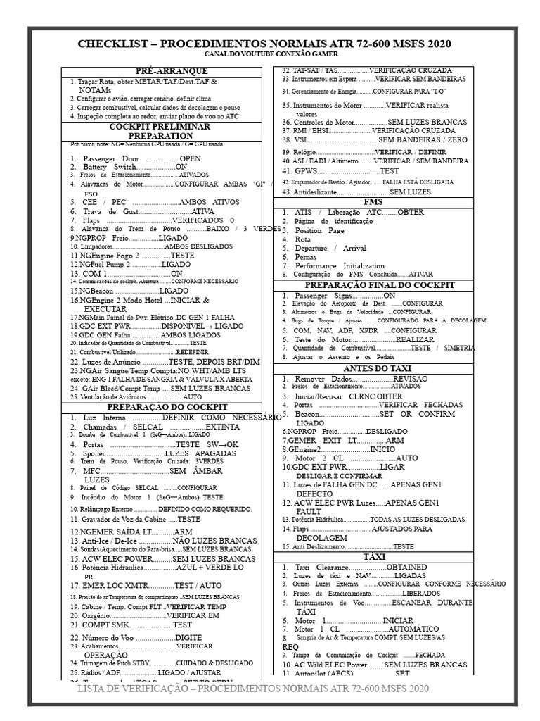 Checklist ATR 72-600 MSFS 2020 | PDF | Voo | Flap (Aeronáutica)