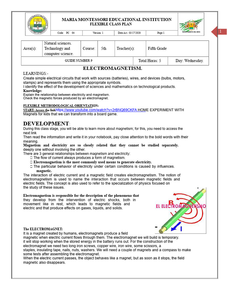 Electromagnetism Class Plan for 5th Grade | PDF | Electromagnetism ...